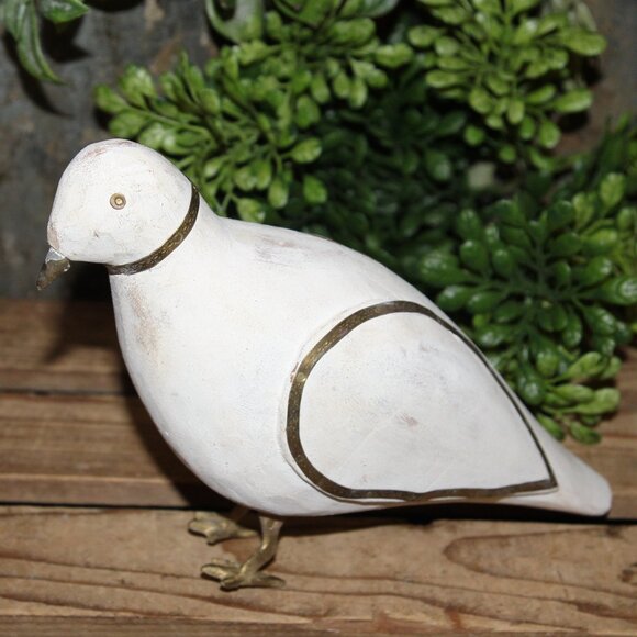 White Shabby VTG Wood & Brass Decorative Bird Decor Object - Picture 1 of 8